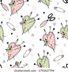 Seamless polka dot pattern on the theme of needlework with cute sewn hearts pillows for needles. Vector.