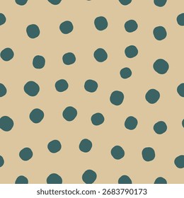 Padrão de bolinhas sem emenda no fundo bege com pontos azuis, design mínimo de repetição abstrata para tecido, têxtil, papel de parede, papelaria e papel de embrulho.
