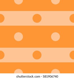 Seamless polka dot pattern, orange and vanilla stripes. Striped fabric print. Tiling spring background. Holiday wrapping paper, family event vector design. Colorful Easter texture, circles and lines