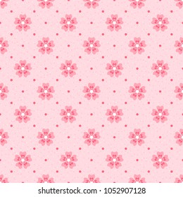 Seamless polka dot pattern. Pink cherry blossom on light textured background. Retro style