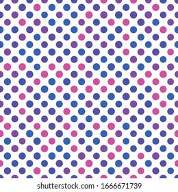 Seamless polka dot pattern. Pink, violet and blue dots in random sizes on white background. Vector illustration.