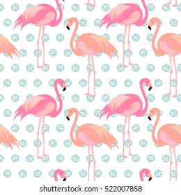 Seamless polka dot pattern with pink flamingo. Vector.