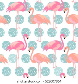 Seamless polka dot pattern with pink flamingo. Vector.