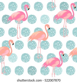 Seamless polka dot pattern with pink flamingo. Vector.