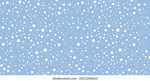 Seamless polka dot pattern with random white circles on pastel blue. Playful simple winter background for fabric, kids designs, packaging, wallpapers, wrapping paper, party decor, baby products