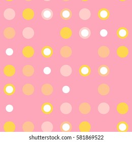 Seamless polka dot pattern with rings. Abstract asymmetric texture. Tiling spring background. Baby pink, vanilla, yellow and white colours. Family decor, holiday wrapping paper. Event vector design