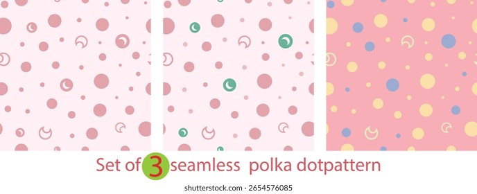 Seamless polka dot pattern set in soft pink, light peach and pastel colors, ideal for textiles, decor and digital use.