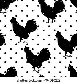 Seamless polka dot pattern with  silhouette roster for new year. Vector background. 