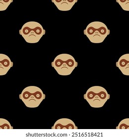 Seamless polka dot pattern with stylized monkey faces. Ethnic animal design of Moche Indians from ancient Peru. On black background. 