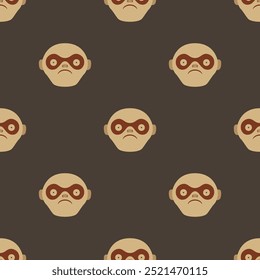 Seamless polka dot pattern with stylized monkey faces. Ethnic animal design of Moche Indians from ancient Peru. On dark background.