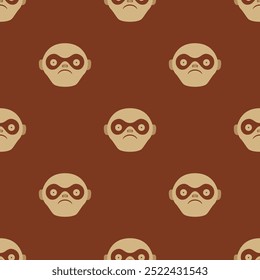 Seamless polka dot pattern with stylized monkey faces. Ethnic animal design of Moche Indians from ancient Peru. On red background.