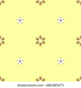 Seamless polka dot pattern with stylized bugs and strawberry flowers. On bright yellow background.