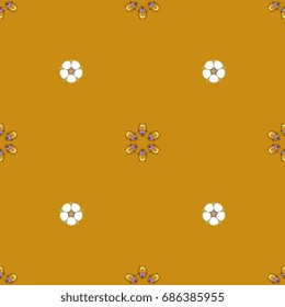 Seamless polka dot pattern with stylized bugs and strawberry flowers. On mustard background.