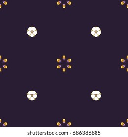 Seamless polka dot pattern with stylized bugs and strawberry flowers. On dark background.
