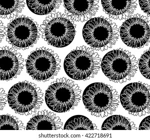 seamless polka dot pattern of sunflowers black and white