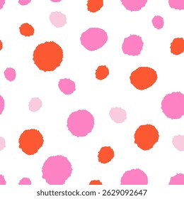 Seamless polka dot pattern with uneven pink, red and light pink dots on white background.