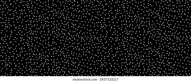 Patrón de lunares sin costuras: ilustración vectorial de pequeños círculos blancos sobre un fondo negro vintage. Textura creativa de formas redondas aleatorias dibujadas a mano. Muestra de papel de embalaje punteado.