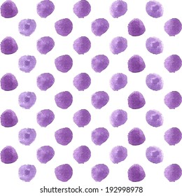 Seamless polka dot pattern from watercolor paint violet circles. Vector illustration for your design.