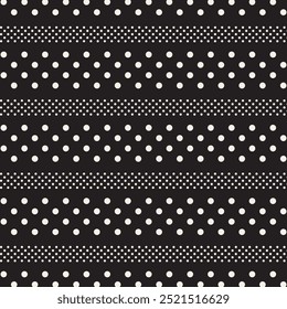 
Seamless polka dot stripe pattern. Repeating vector print with horizontal white dots on a black background. Apparel textile pattern. Hand drawn illustration.
