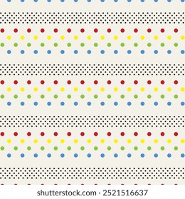 
Seamless polka dot stripe pattern. Repeating vector print with horizontal red, yellow, green, blue and black dots on a white background. Apparel textile pattern. Hand drawn illustration.
