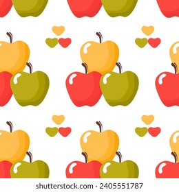 Seamless polka dot, symmetrical pattern of drawn apples, hearts
