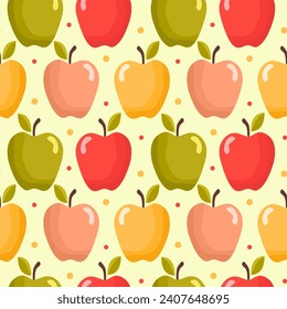 Seamless polka dot, symmetrical pattern of drawn apples, hearts