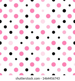 Seamless polka dot texture. Pink and black on white. Retro polka dots vector.
