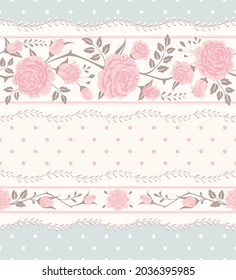 Seamless polka dot vintage background, border. Vector floral pattern with pink roses and laces for wallpaper, fabric, gift wrap, digital paper, fills, etc. Shabby chic style