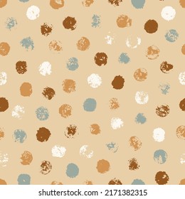Seamless Polka Dots Pattern. Grunge Paint Circle Shapes Textures Abstract Background. Earthy Colors Round Spots with Rough Edges. Stamp Ink Blots. Hand Painted Stains. Vector illustration.