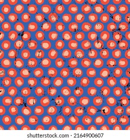 seamless polka dots pattern, with paint strokes and splashes, irregular, on blue