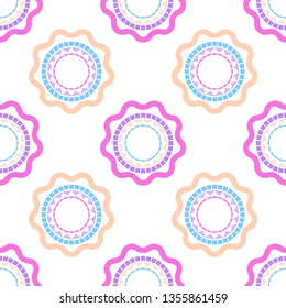 Seamless polka dots pattern. Pearl colors. Pink, yellow, blue, lilac. Simple design. Vector geometric background. Can be used in printing, textile, wrapping, web-design.