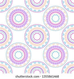 Seamless polka dots pattern. Pearl colors. Pink, yellow, blue, lilac. Simple design. Vector geometric background. Can be used in printing, textile, wrapping, web-design.