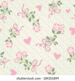 Seamless polka dots pattern with roses, ribbons and hearts. Vintage vector background. Abstract  floral  ornament.