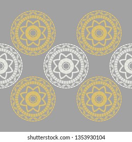 Seamless polka dots pattern. Theme - autumn. Color - yellow, gray. Simple design. Vector geometric background. Can be used in printing, textile, wrapping, web-design.