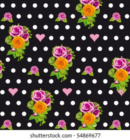 Seamless polka dots pattern with wild roses