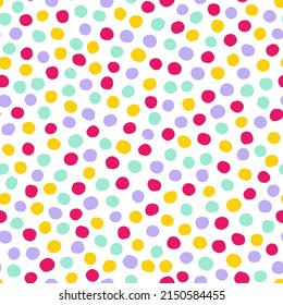 Seamless polka dots pattern. Yellow, pink, mint, violet hand-drawn circles isolated on white background. Abstract points ornament. Vector illustration for wallpaper, fabric, wrapping paper, textile