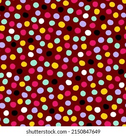 Seamless polka dots pattern. Yellow, pink, mint, violet, black hand-drawn circles on cherry red background. Abstract points ornament. Vector illustration for wallpaper, fabric, wrapping paper, textile
