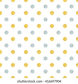 Seamless polka dots texture with silver and gold glitter circles on white background