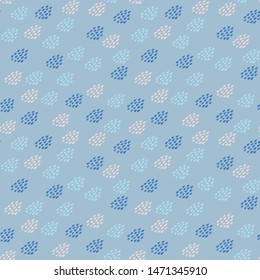 A seamless polka dots vector pattern with raindrops in pastel blues and pink. Surface print design.