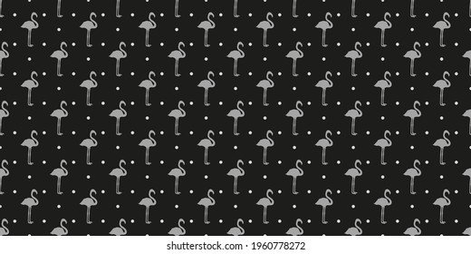 Seamless polka pattern with flamingos. Dot pattern for design. Dotted background. Black and white illustration
