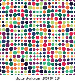 Seamless polka pattern with a grid of multicolored circles on a white background. Retro style geometric dot texture. Vector illustration for textile, wrapping, print, and decorative projects.