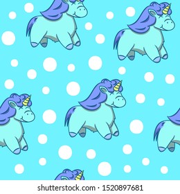 Seamless Polkadot Blue Unicorns Pattern.  Vector Illustration EPS 10.