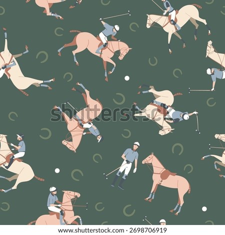 Seamless polo pattern with players on horses and horseshoes on green background