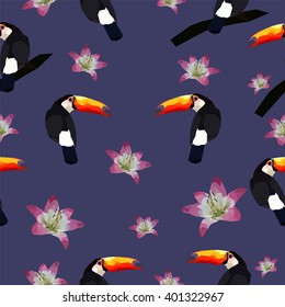 Seamless polygon pattern with tropical flowers and birds on the lavender background