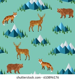 Seamless polygonal background with wild animals and mountains