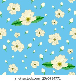 Seamless polygonal jasmine flowers on a light blue background. White jasmine flowers.