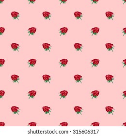 Seamless polygonal pattern of blossomed rose bud with leaves and spikes of different shades of red and green on a pale pink background