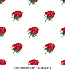 Seamless polygonal pattern of blossomed rose bud with leaves and spikes of different shades of red and green on a white background