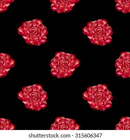 Seamless polygonal pattern of blossomed rose bud of different shades of red on a black background