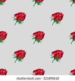 Seamless polygonal pattern of blossomed rose bud with leaves and spikes of different shades of red and green on a gray background